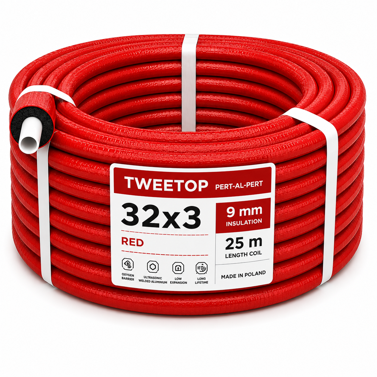 Teava multistrat 32x3 mm cu izolatie 9 mm rosie - colac 25 m - Tweetop Poland