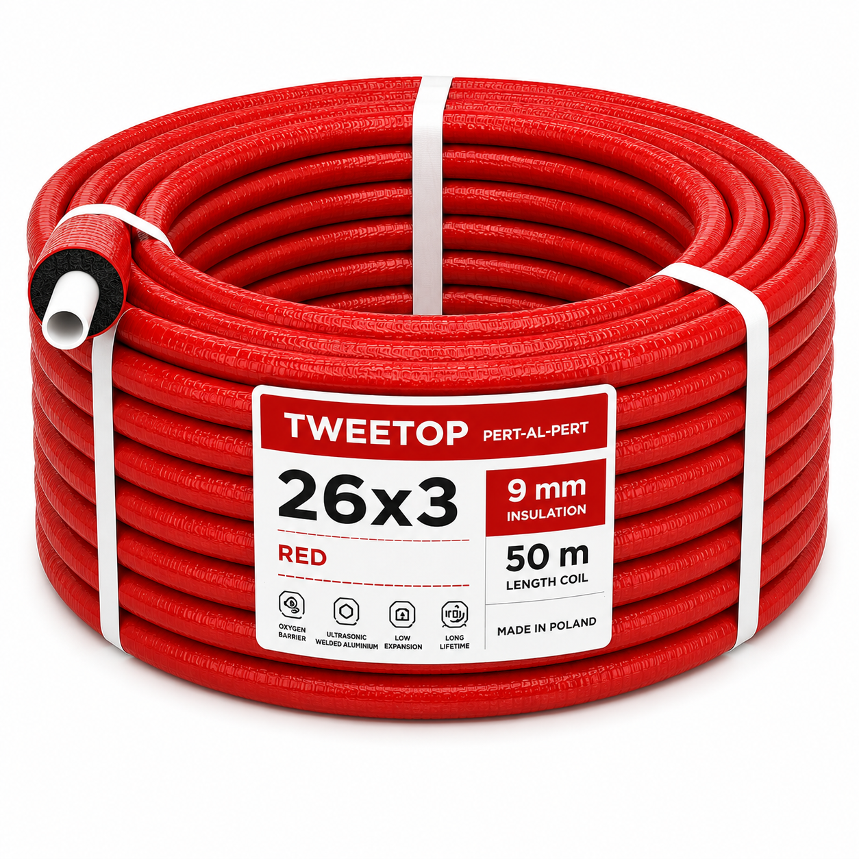 Teava multistrat 26x3 mm cu izolatie 9 mm rosie - colac 50 m - Tweetop Poland